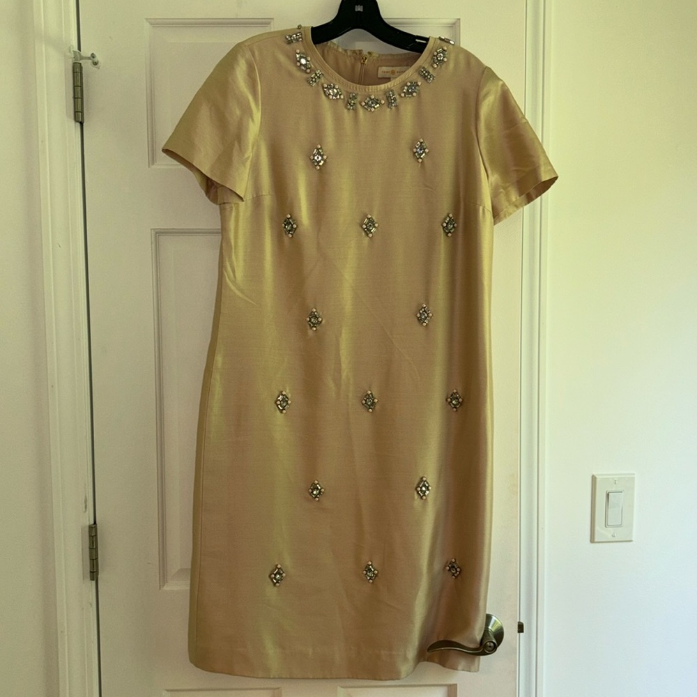Blush pink jeweled short sleeve shift dress